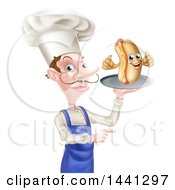 Poster, Art Print Of White Male Chef With A Curling Mustache Holding A Hot Dog Character On A Platter And Pointing