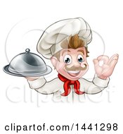 Clipart Of A Cartoon Happy Young White Male Chef Holding A Cloche Platter And Gesturing Ok Or Perfect Royalty Free Vector Illustration