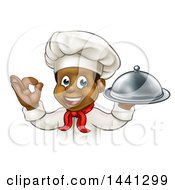 Poster, Art Print Of Cartoon Happy Young Black Male Chef Holding A Cloche Platter And Gesturing Ok Or Perfect