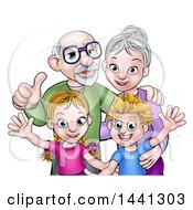 Poster, Art Print Of Cartoon Happy Caucasian Boy And Girl With Their Grandparents