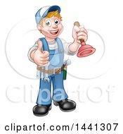 Clipart Of A Cartoon Full Length Happy White Male Plumber Holding A Plunger And Giving A Thumb Up Royalty Free Vector Illustration