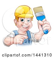 Clipart Of A Cartoon Happy White Male Painter Holding Up A Brush And Pointing Royalty Free Vector Illustration