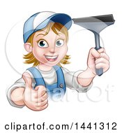 Poster, Art Print Of Cartoon Happy White Female Window Cleaner In Blue Giving A Thumb Up And Holding A Squeegee