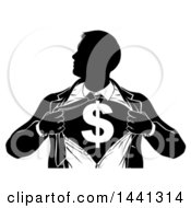 Poster, Art Print Of Black And White Silhouetted Strong Business Man Super Hero Ripping Off His Suit Revealing A Dollar Currency Symbol