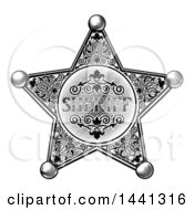 Clipart Of A Black And White Vintage Etched Engraved Sheriff Star Badge Royalty Free Vector Illustration