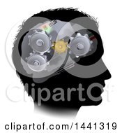 Clipart Of A Black Silhouetted Mans Head With 3d Gear Cogs Visible In His Brain Royalty Free Vector Illustration