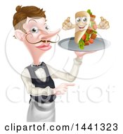 Cartoon Caucasian Male Waiter With A Curling Mustache Holding A Kebab Sandwich Character On A Tray And Pointing