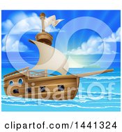 Poster, Art Print Of Wooden Ship In A Beautiful Blue Sea At Sunrise Or Sunset