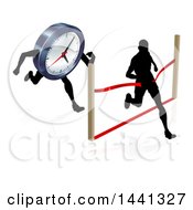 Poster, Art Print Of Silhouetted Man Running Through A Finish Line Before A Clock Character