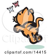 Poster, Art Print Of Frisky Orange Cat Chasing Pink And Blue Butterflies In The Spring