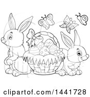 Poster, Art Print Of Black And White Lineart Basket Of Easter Eggs Butterflies And Rabbits