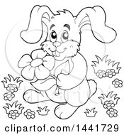 Poster, Art Print Of Black And White Lineart Happy Bunny Rabbit Holding A Flower