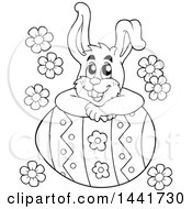 Poster, Art Print Of Black And White Lineart Happy Easter Bunny Rabbit Resting On A Giant Egg