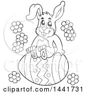 Poster, Art Print Of Black And White Lineart Happy Easter Bunny Rabbit Sitting On A Giant Egg