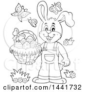 Poster, Art Print Of Black And White Lineart Happy Easter Bunny Rabbit Holding A Basket