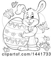 Poster, Art Print Of Black And White Lineart Happy Easter Bunny Rabbit Holding A Giant Egg