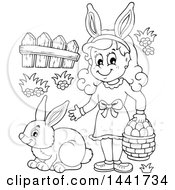 Poster, Art Print Of Black And White Lineart Happy Girl Holding A Basekt Of Easter Eggs By A Rabbit