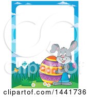 Poster, Art Print Of Border Of A Happy Gray Easter Bunny Rabbit Holding A Giant Egg