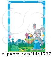 Poster, Art Print Of Border Of A Happy Gray Easter Bunny Rabbit Holding A Basket