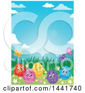 Poster, Art Print Of Group Of Happy Easter Eggs In Grass On A Spring Day