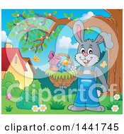Poster, Art Print Of Happy Gray Easter Bunny Rabbit Holding A Basket By A Tree