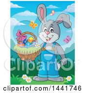 Poster, Art Print Of Happy Gray Easter Bunny Rabbit Holding A Basket In A Spring Landscape