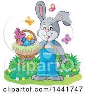 Poster, Art Print Of Happy Gray Easter Bunny Rabbit Holding A Basket With Butterflies