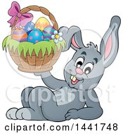 Poster, Art Print Of Happy Gray Easter Bunny Rabbit Resting And Holding A Basket