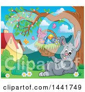 Poster, Art Print Of Happy Gray Easter Bunny Rabbit Resting And Holding A Basket Under A Tree