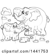 Clipart Of A Black And White Lineart Elephant Mom Teaching A Bay How To Squirt Water Royalty Free Vector Illustration