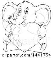 Clipart Of A Black And White Lineart Valentine Elephant Hugging A Heart Royalty Free Vector Illustration