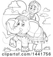 Poster, Art Print Of Black And White Lineart Happy Indian Man Riding An Elephant