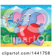 Clipart Of A Valentine Elephant Sitting And Hugging A Love Heart In A Landscape Royalty Free Vector Illustration