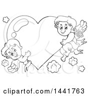Clipart Of Black And White Lineart Valentines Day Cupids Hugging A Heart Royalty Free Vector Illustration