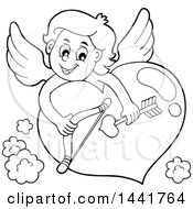 Clipart Of A Black And White Lineart Valentines Day Cupid Holding A Bow And Arrow Over A Heart Royalty Free Vector Illustration