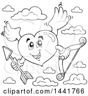 Clipart Of A Black And White Valentines Day Heart Cupid Holding An Arrow And Bow Royalty Free Vector Illustration
