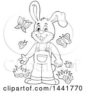 Poster, Art Print Of Black And White Lineart Happy Bunny Rabbit Wearing Overalls