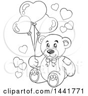 Clipart Of A Black And White Lineart Valentine Teddy Bear Holding Heart Balloons Royalty Free Vector Illustration
