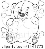 Clipart Of A Black And White Lineart Valentine Teddy Bear Hugging A Heart Royalty Free Vector Illustration