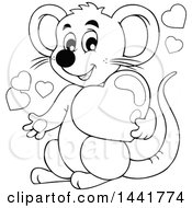 Clipart Of A Black And White Lineart Valentine Mouse Holding A Heart Royalty Free Vector Illustration