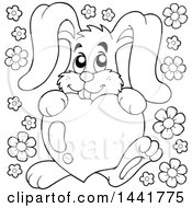 Clipart Of A Black And White Lineart Valentine Rabbit Hugging A Heart Royalty Free Vector Illustration