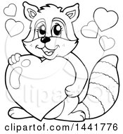 Clipart Of A Black And White Lineart Valentine Raccoon Hugging A Heart Royalty Free Vector Illustration by visekart