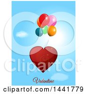 Poster, Art Print Of Red Love Heart Floating With Balloons Over A Sky With Valentine Text