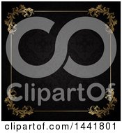Clipart Of A Beautiful Ornate Golden Floral Frame On A Black Pattern Royalty Free Vector Illustration