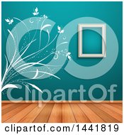 Poster, Art Print Of White Floral Wall Decal And Empty Frame On A Teal Wall In A Room With Wood Floors