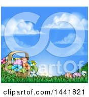 Poster, Art Print Of Cartoon Basket Of Easter Eggs And Flowers In Grass Against A Blue Sunny Sky