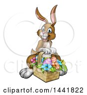 Poster, Art Print Of Cartoon Happy Brown Easter Bunny Rabbit With A Basket And Eggs