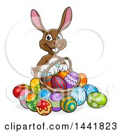 Poster, Art Print Of Cartoon Happy Brown Easter Bunny Rabbit With A Basket And Eggs