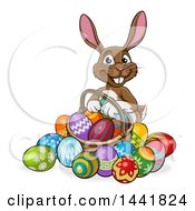 Clipart Of A Cartoon Happy Brown Easter Bunny Rabbit With A Basket And Eggs Royalty Free Vector Illustration