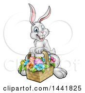 Poster, Art Print Of Cartoon Happy White Easter Bunny Rabbit With A Basket And Eggs